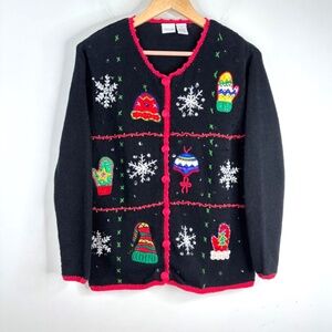 VTG 90s Ugly Christmas Sweater Cardigan M Black Bead Embroidery Mitten Snowflake
